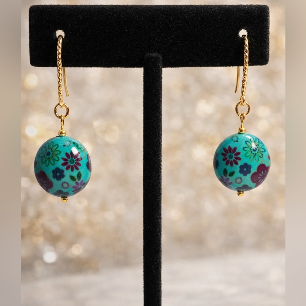 18K Floral Gold and Turquoise Earrings New